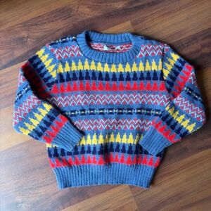 Vintage Garan Kids 4T Fair Isle Sweater Blue Red Yellow Geometric Knit USA Made